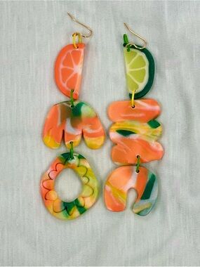 Handcrafted Bright Citrus Polymer Clay Dangle Earrings - Orange & Green